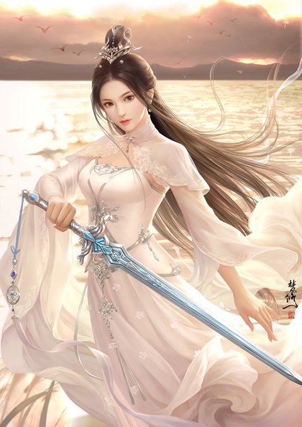 Anime picture 1000x1414 with zhu xian lu xueqi fan xiu single long hair tall image looking at viewer fringe brown hair standing holding brown eyes signed cloud (clouds) outdoors traditional clothes wind wide sleeves hair bun (hair buns) floral print
