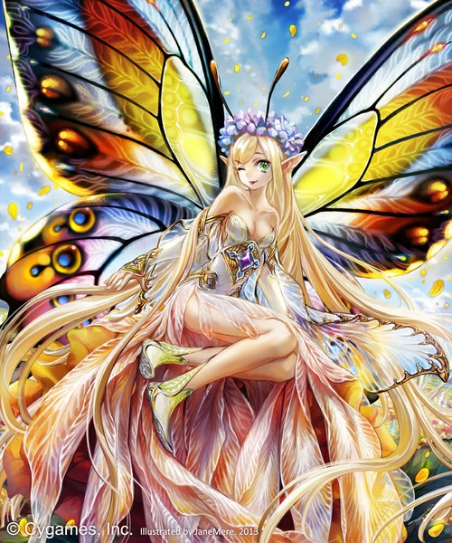 Anime picture 833x1000 with shingeki no bahamut jane mere single tall image blonde hair bare shoulders green eyes very long hair one eye closed hair flower pointy ears wink fantasy insect wings butterfly wings minigirl fairy antennae girl dress