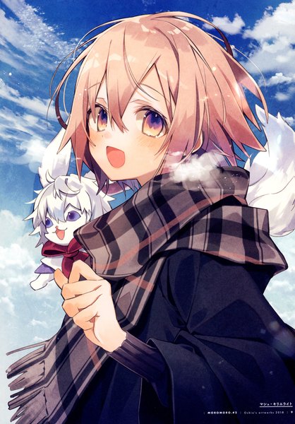 Anime picture 2796x4015 with fate (series) fate/grand order mash kyrielight fou (fate) oshio (dayo) single tall image looking at viewer blush fringe highres short hair open mouth smile hair between eyes purple eyes pink hair sky cloud (clouds) outdoors