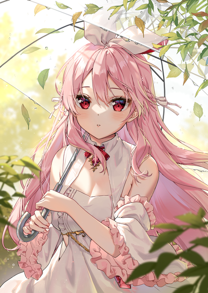 Anime picture 1920x2705 with virtual youtuber atelier live pinku (vtuber) rosuuri single long hair tall image looking at viewer blush fringe highres breasts hair between eyes red eyes standing bare shoulders holding pink hair cleavage outdoors
