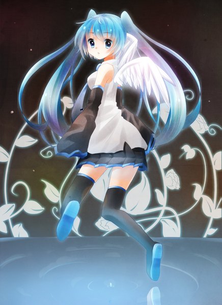 Anime picture 1454x2000 with vocaloid hatsune miku neon (satirol) long hair tall image twintails bare shoulders looking back aqua eyes aqua hair girl skirt detached sleeves miniskirt wings necktie thigh boots
