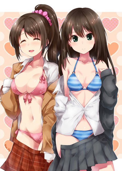Anime picture 1428x2000 with idolmaster idolmaster cinderella girls shibuya rin shimamura uzuki paopao (artist) long hair tall image looking at viewer breasts open mouth light erotic brown hair large breasts multiple girls green eyes ponytail eyes closed :d open shirt ^ ^
