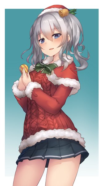 Anime picture 1600x2849 with kantai collection kashima training cruiser metindone single long hair tall image blush fringe open mouth blue eyes simple background hair between eyes standing twintails looking away silver hair pleated skirt from above fur trim christmas