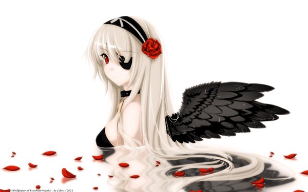 Anime picture 2560x1600 with misaki kurehito cilou (artist) single long hair highres red eyes wide image white background white hair girl petals wings collar eyepatch