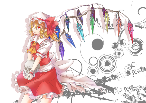 Anime picture 1411x1000 with touhou flandre scarlet kinsenka single short hair blonde hair red eyes girl dress wings bonnet skull crystal