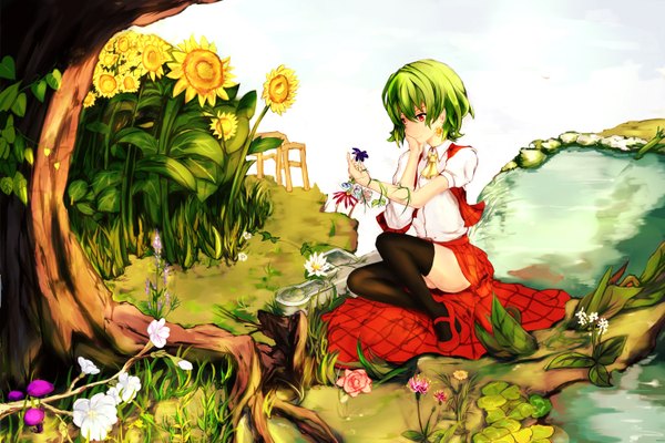 Anime picture 3000x2000 with touhou kazami yuuka polskash single highres short hair red eyes green hair girl thighhighs dress skirt flower (flowers) black thighhighs plant (plants) tree (trees) skirt set