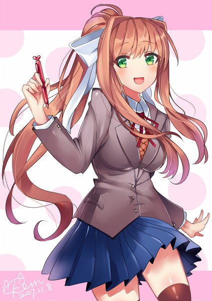 Anime picture 800x1131 with doki doki literature club monika (doki doki literature club) kevn single long hair tall image looking at viewer blush open mouth brown hair green eyes signed payot ponytail pleated skirt dated polka dot polka dot background girl skirt