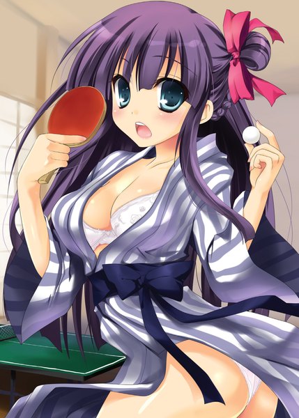 Anime picture 1486x2078 with original bankoku ayuya single long hair tall image breasts open mouth blue eyes light erotic purple hair ass japanese clothes girl underwear panties bow hair bow kimono