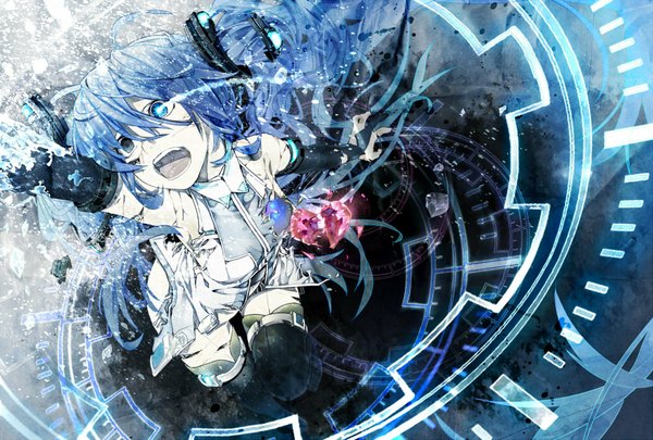 Anime picture 1000x675 with vocaloid vocaloid append hatsune miku hatsune miku (append) keishi single long hair fringe twintails aqua eyes aqua hair glowing glowing eye (eyes) screaming girl thighhighs bow black thighhighs hair bow detached sleeves
