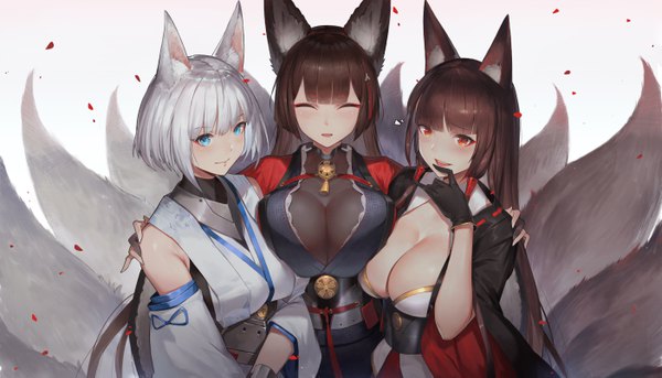 Anime picture 5610x3211 with azur lane akagi (azur lane) kaga (azur lane) amagi (azur lane) duan henglong long hair looking at viewer blush fringe highres short hair breasts open mouth blue eyes light erotic simple background smile brown hair wide image large breasts