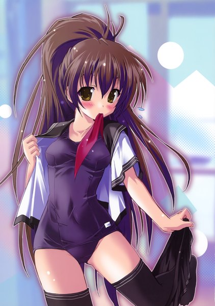 Anime picture 2462x3500 with original komatsu eiji long hair tall image blush highres light erotic black hair yellow eyes ponytail scan mouth hold girl thighhighs black thighhighs swimsuit serafuku one-piece swimsuit school swimsuit