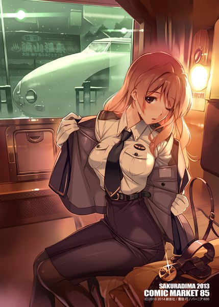 Anime picture 709x992 with rail wars! koumi haruka vania600 single long hair tall image looking at viewer blush fringe breasts hair between eyes brown hair large breasts brown eyes signed bent knee (knees) parted lips head tilt one eye closed inscription