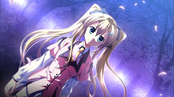 Anime picture 1278x718 with supipara amano angeline hotaru nanao naru long hair blue eyes blonde hair wide image twintails game cg girl uniform ribbon (ribbons) plant (plants) hair ribbon school uniform petals tree (trees)