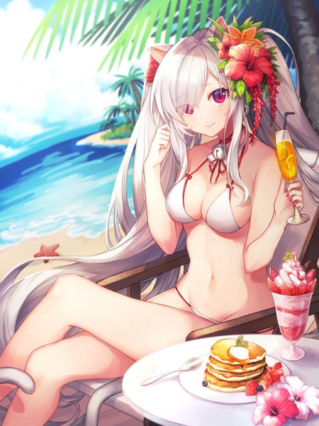 Anime picture 984x1312 with destiny child coyucom single tall image looking at viewer blush fringe breasts light erotic red eyes large breasts sitting holding animal ears payot sky cleavage silver hair cloud (clouds) very long hair