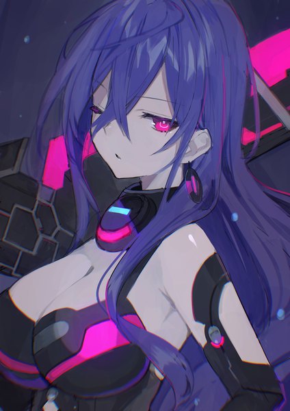 Anime picture 2480x3508 with choujigen game neptune iris heart buran buta single long hair tall image looking at viewer fringe highres breasts light erotic hair between eyes large breasts cleavage purple hair upper body one eye closed pink eyes :o symbol-shaped pupils