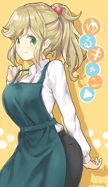 Anime picture 568x976 with yurucamp inuyama aoi tyone single long hair tall image looking at viewer blonde hair green eyes signed payot ponytail shadow copyright name twitter username eyebrows yellow background adjusting clothes girl uniform