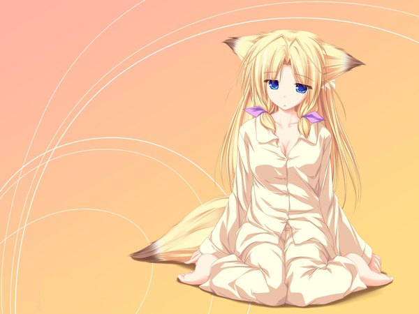 Anime picture 1600x1200 with inakoi kamishiro mutsuki tenmaso long hair blue eyes simple background animal tail fox girl girl pajamas