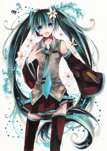 Anime picture 745x1050 with vocaloid hatsune miku cyawa single long hair tall image open mouth twintails bare shoulders very long hair pleated skirt hair flower aqua eyes aqua hair 39 girl thighhighs skirt hair ornament flower (flowers)