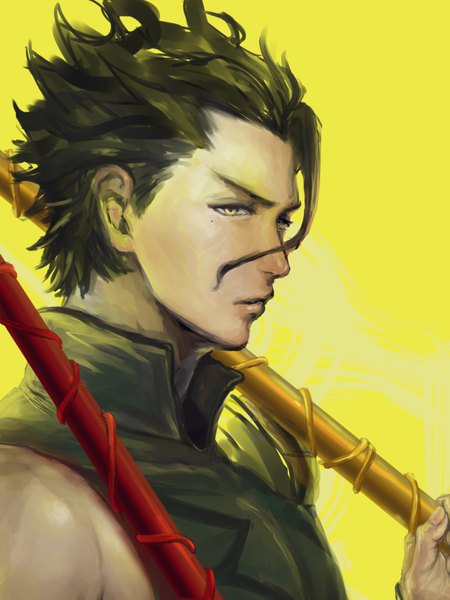 Anime picture 600x800 with fate (series) fate/zero gilgamesh (fate) diarmuid ua duibhne (lancer) (fate) saryo single tall image fringe short hair blue eyes black hair simple background hair between eyes holding yellow eyes looking away upper body mole mole under eye yellow background