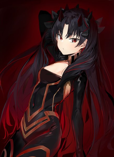 Anime picture 1800x2475 with fate (series) fate/grand order ishtar (fate) space ishtar (fate) silver (chenwen) single long hair tall image looking at viewer blush fringe highres breasts black hair simple background hair between eyes red eyes standing payot cleavage