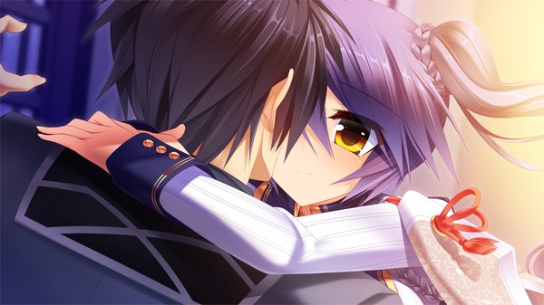 Anime picture 1280x720 with sengoku hime 5 long hair blush short hair black hair smile wide image twintails yellow eyes blue hair game cg couple hug girl boy