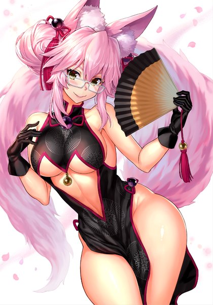 Anime picture 757x1080 with fate (series) fate/grand order tamamo (fate) (all) koyanskaya npcpepper single tall image looking at viewer blush fringe short hair breasts light erotic simple background smile hair between eyes large breasts standing white background bare shoulders