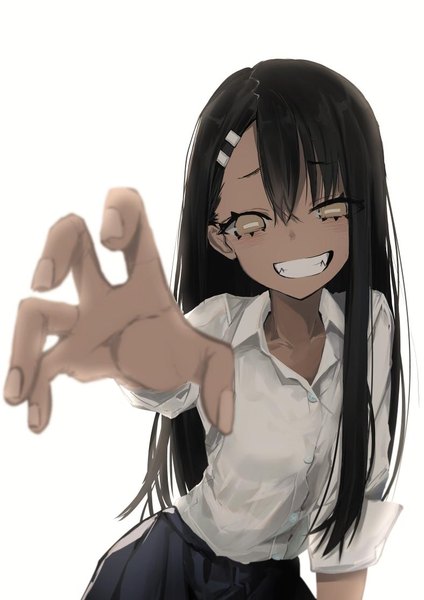 Anime picture 788x1114 with ijiranaide nagatoro-san nagatoro hayase narue single long hair tall image looking at viewer blush fringe black hair simple background smile hair between eyes standing white background brown eyes payot upper body pleated skirt open clothes
