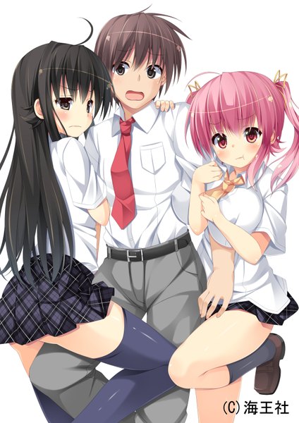 Anime picture 1202x1700 with asa no ha long hair tall image blush short hair open mouth light erotic black hair simple background red eyes white background multiple girls pink hair black eyes arm hug girl thighhighs uniform black thighhighs 2 girls