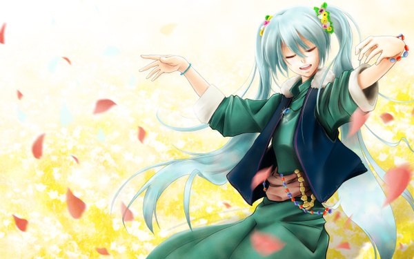 Anime picture 1280x800 with vocaloid hatsune miku wide image twintails eyes closed hair flower aqua hair girl hair ornament petals jewelry