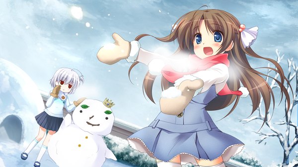 Anime picture 1024x576 with yukiiro long hair blush short hair open mouth blue eyes black hair red eyes wide image multiple girls game cg white hair loli snowing winter snow exhalation girl 2 girls scarf