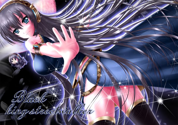 Anime picture 1300x917 with vocaloid megurine luka nohoho (kakikonchi) long hair blue eyes black hair bare shoulders looking back girl thighhighs black thighhighs headphones