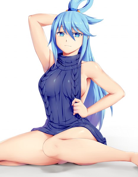 Anime picture 900x1157 with kono subarashii sekai ni shukufuku wo! studio deen aqua (konosuba) rixch single long hair tall image looking at viewer fringe blue eyes light erotic simple background hair between eyes white background sitting blue hair ponytail arm up light smile armpit (armpits)