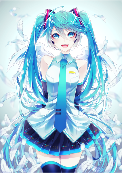 Anime picture 2470x3494 with vocaloid hatsune miku 1055 single long hair tall image looking at viewer blush fringe highres open mouth hair between eyes standing twintails bare shoulders ahoge :d aqua eyes aqua hair zettai ryouiki