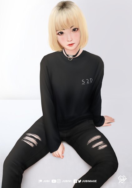 Anime picture 2480x3508 with original jubi (regiana) single tall image looking at viewer fringe highres short hair blonde hair white background sitting signed long sleeves head tilt black eyes realistic arm support lipstick torn clothes sleeves past wrists