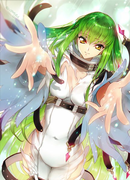 Anime picture 620x861 with code geass sunrise (studio) c.c. creayus single tall image looking at viewer fringe smile signed yellow eyes long sleeves very long hair green hair outstretched hand girl dress navel white dress
