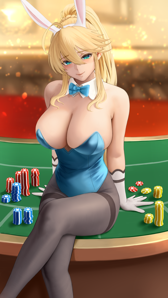 Anime picture 1000x1770 with fate (series) fate/grand order blue archive artoria pendragon (all) asuna (blue archive) asuna (bunny) (blue archive) artoria pendragon (lancer) yamaneko (tkdrumsco) single long hair tall image looking at viewer blush fringe breasts blue eyes light erotic blonde hair hair between eyes large breasts