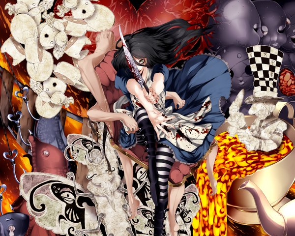 Anime picture 1500x1200 with american mcgee's alice (game) alice: madness returns alice (american mcgee's) mad hatter shirayuki (artist) long hair black hair smile green eyes guro girl thighhighs dress heart insect butterfly blood striped thighhighs fish (fishes) cup