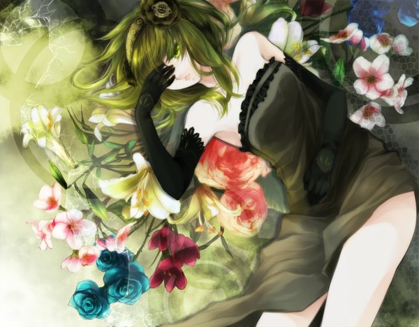 Anime picture 1277x1000 with vocaloid gumi reika (artist) green eyes green hair girl dress flower (flowers) black dress