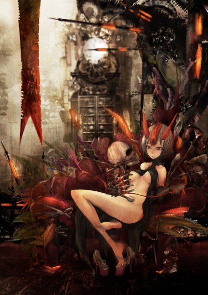 Anime picture 1753x2480 with original rib:y(uhki) tall image highres short hair red eyes barefoot horn (horns) grey hair legs oni horns skeleton girl skull