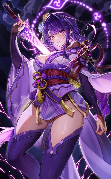 Anime picture 2072x3340 with genshin impact raiden shogun chen ying (alan-yut) single tall image looking at viewer highres breasts light erotic large breasts purple eyes purple hair braid (braids) very long hair traditional clothes japanese clothes from below single braid electricity girl