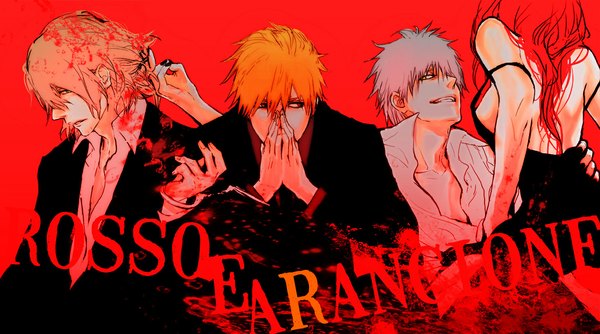 Anime picture 1175x656 with bleach studio pierrot kurosaki ichigo urahara kisuke hatabolic (pixiv) long hair looking at viewer fringe short hair open mouth simple background smile red eyes wide image sitting bare shoulders green eyes yellow eyes pink hair red hair