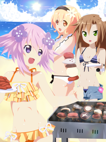 Anime picture 3000x4013 with choujigen game neptune neptune (choujigen game neptune) if (choujigen game neptune) compa tempestdh long hair tall image highres short hair breasts open mouth light erotic blonde hair smile brown hair purple eyes multiple girls green eyes pink hair sky