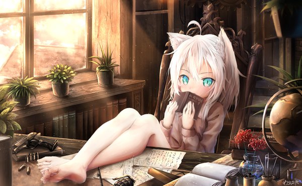 Anime picture 2601x1612 with original utatanecocoa single long hair looking at viewer blush fringe highres hair between eyes wide image signed animal ears payot ahoge white hair indoors barefoot aqua eyes sunlight cat ears