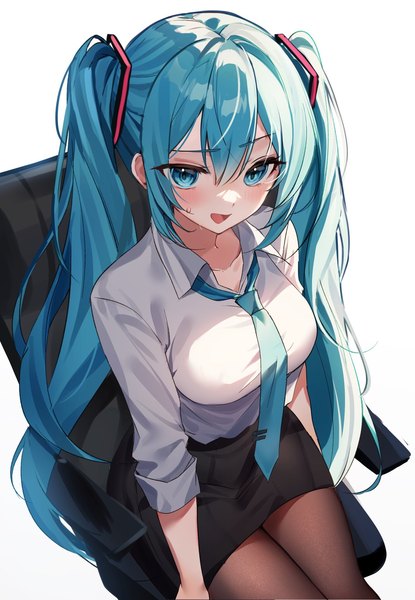 Anime picture 1418x2048 with vocaloid hatsune miku hannahkwok4 single long hair tall image looking at viewer blush fringe open mouth blue eyes simple background hair between eyes white background sitting twintails payot blue hair :d sweatdrop