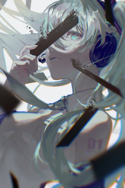 Anime picture 3000x4500 with vocaloid hatsune miku akuta vi single long hair tall image looking at viewer fringe highres hair between eyes twintails upper body aqua eyes aqua hair girl headphones headset