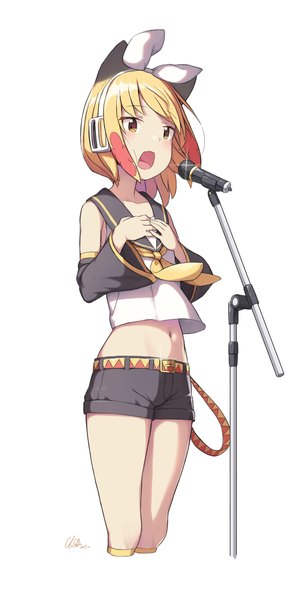 Anime picture 1730x3508 with original vocaloid kagamine rin blonde girl (cloba) cloba single tall image highres short hair open mouth simple background blonde hair standing white background signed animal ears yellow eyes looking away wind midriff
