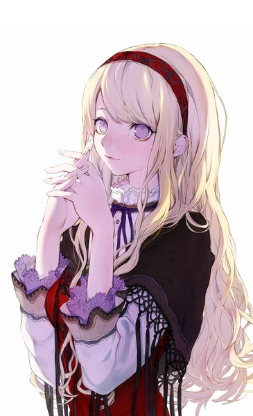 Anime picture 640x1050 with tsukioka tsukiho single tall image blonde hair simple background white background purple eyes wavy hair looking up girl bow buttons