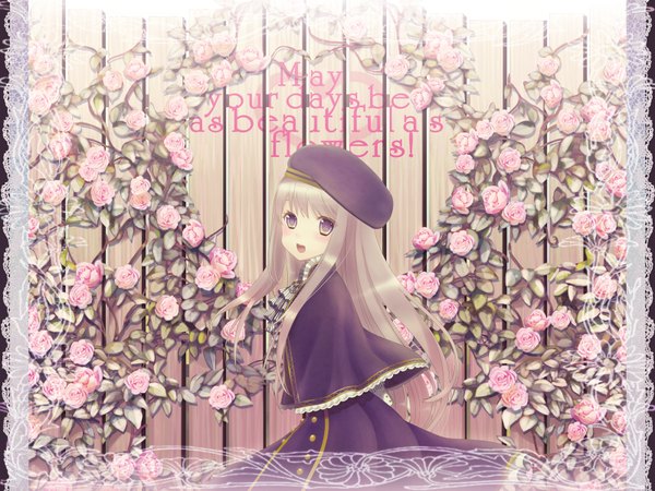Anime picture 1600x1200 with original yuuki rika single long hair blush open mouth blonde hair purple eyes text english girl dress flower (flowers) hat door