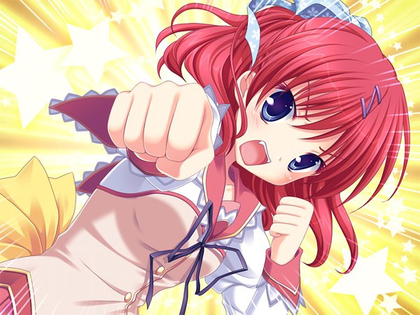 Anime picture 1024x768 with marguerite sphere ooura mio yuyi single looking at viewer short hair open mouth blue eyes game cg upper body red hair :d girl serafuku bobby pin fist