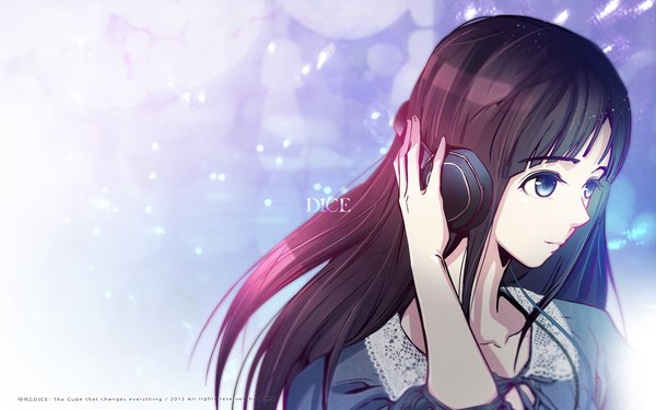 Anime picture 1920x1200 with dice: the cube that changes everything eunju single long hair fringe highres blue eyes brown hair holding looking away wallpaper lens flare girl dress headphones lace